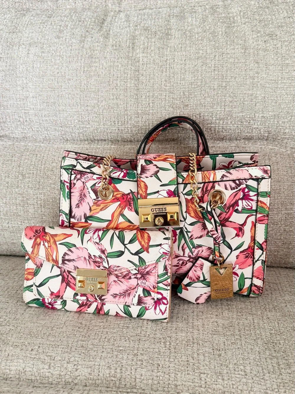 GUESS Floral Satchel in Pink with Gold Hardware